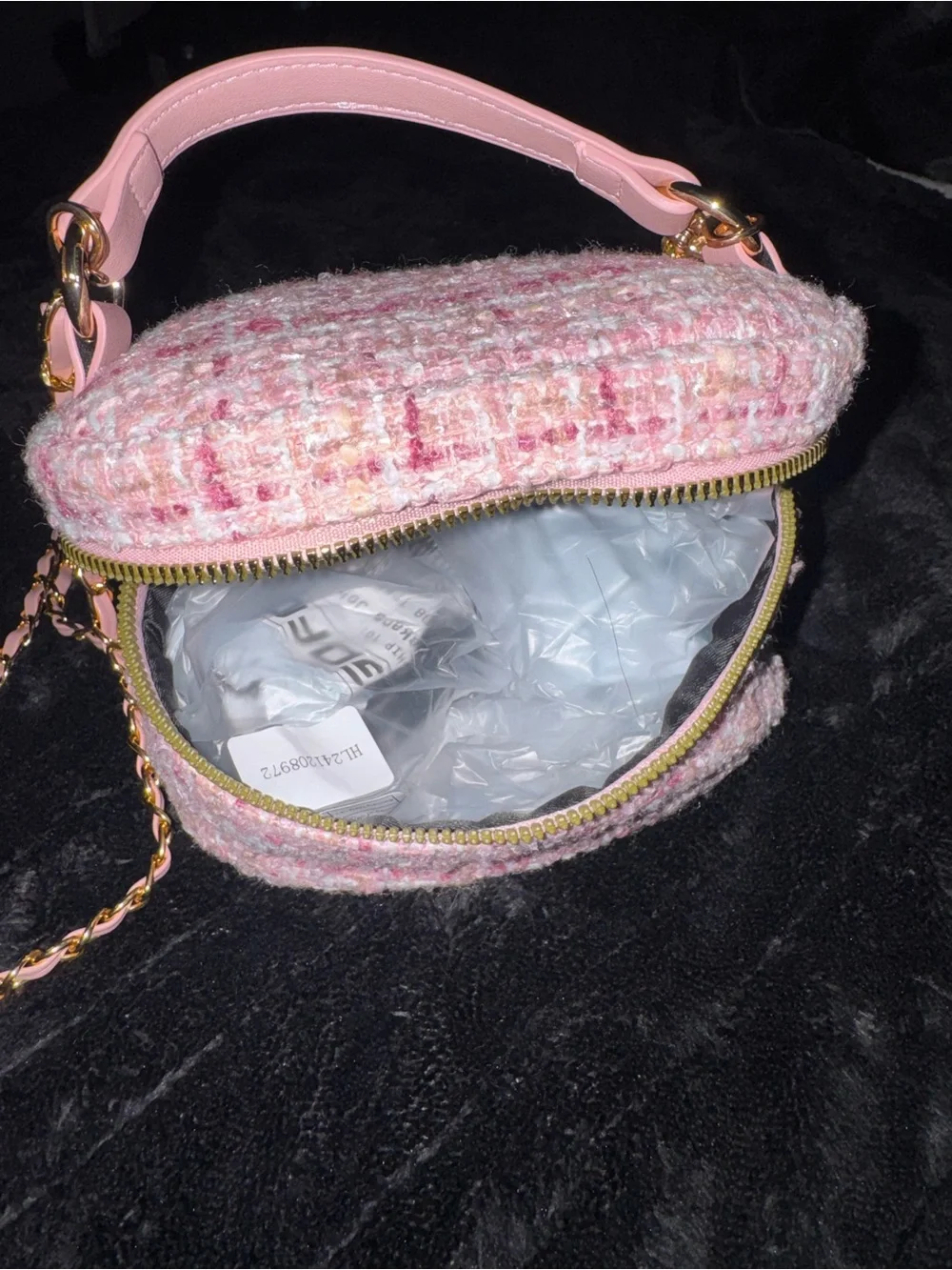 Pink Tweed Mini Crossbody Bag with Gold Chain
